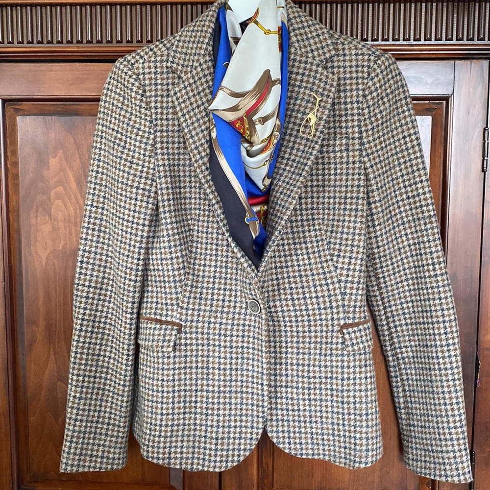 Zara Houndstooth Blazer with Scarf Accent - Brown and Blue
